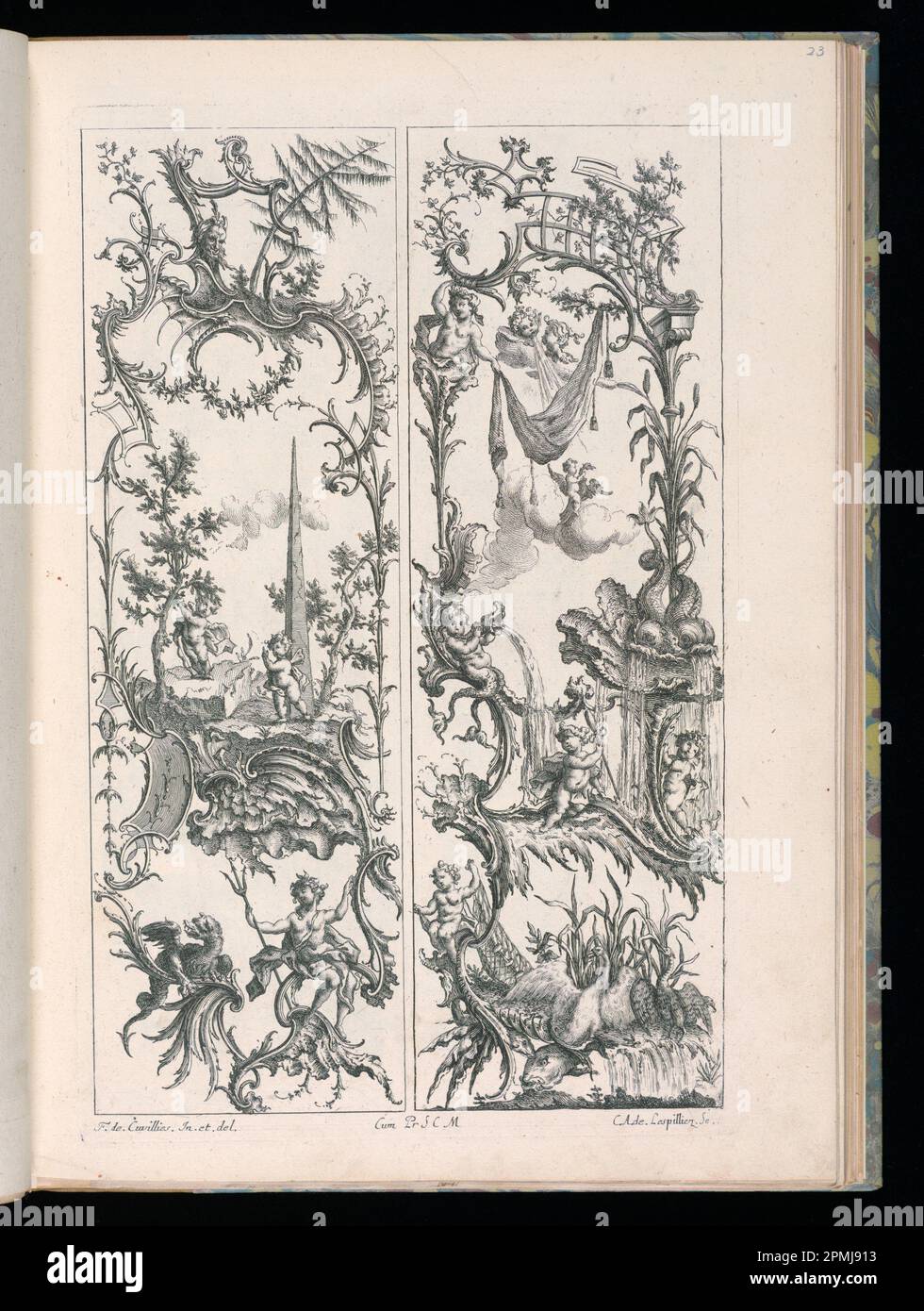 Stampa rilegata, disegni per due pannelli verticali; progettato da Francois de Cuvilliés il Vecchio (Belgio, Germania attiva, 1695 - 1768); Print Maker: Carl Albert von Lespinleez (tedesco, 1723 - 1796); Germania; incisione su carta; Platemark: 35,8 x 22,5 cm (14 1/8 x 8 7/8 pollici) Foto Stock