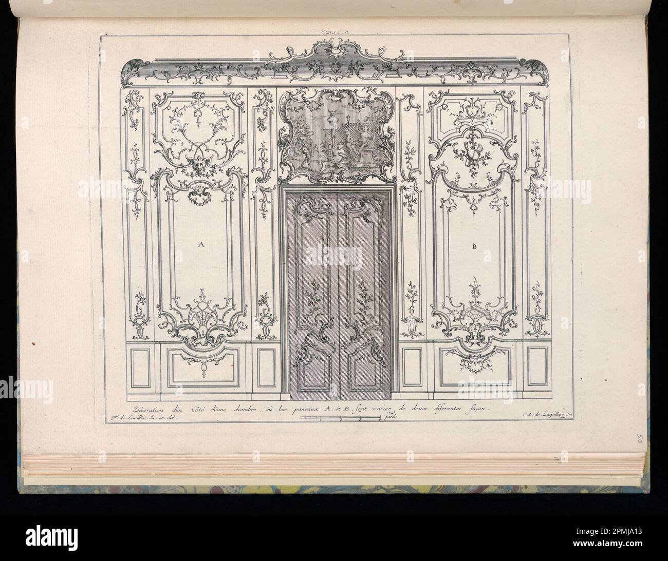 Bound Print, Wainscoting a doppia porta, Nouveaux desseins de Lambris (nuovi disegni di Wainscoting); disegnata da Francois de Cuvilliés il Vecchio (Belgio, Germania attiva, 1695 - 1768); incisa da Carl Albert von Lespinliez (tedesco, 1723 - 1796); Germania; incisione su carta; Platemark: 25,8 x 30,8 cm (10 3/16 x 12 1/8 pollici) Foto Stock