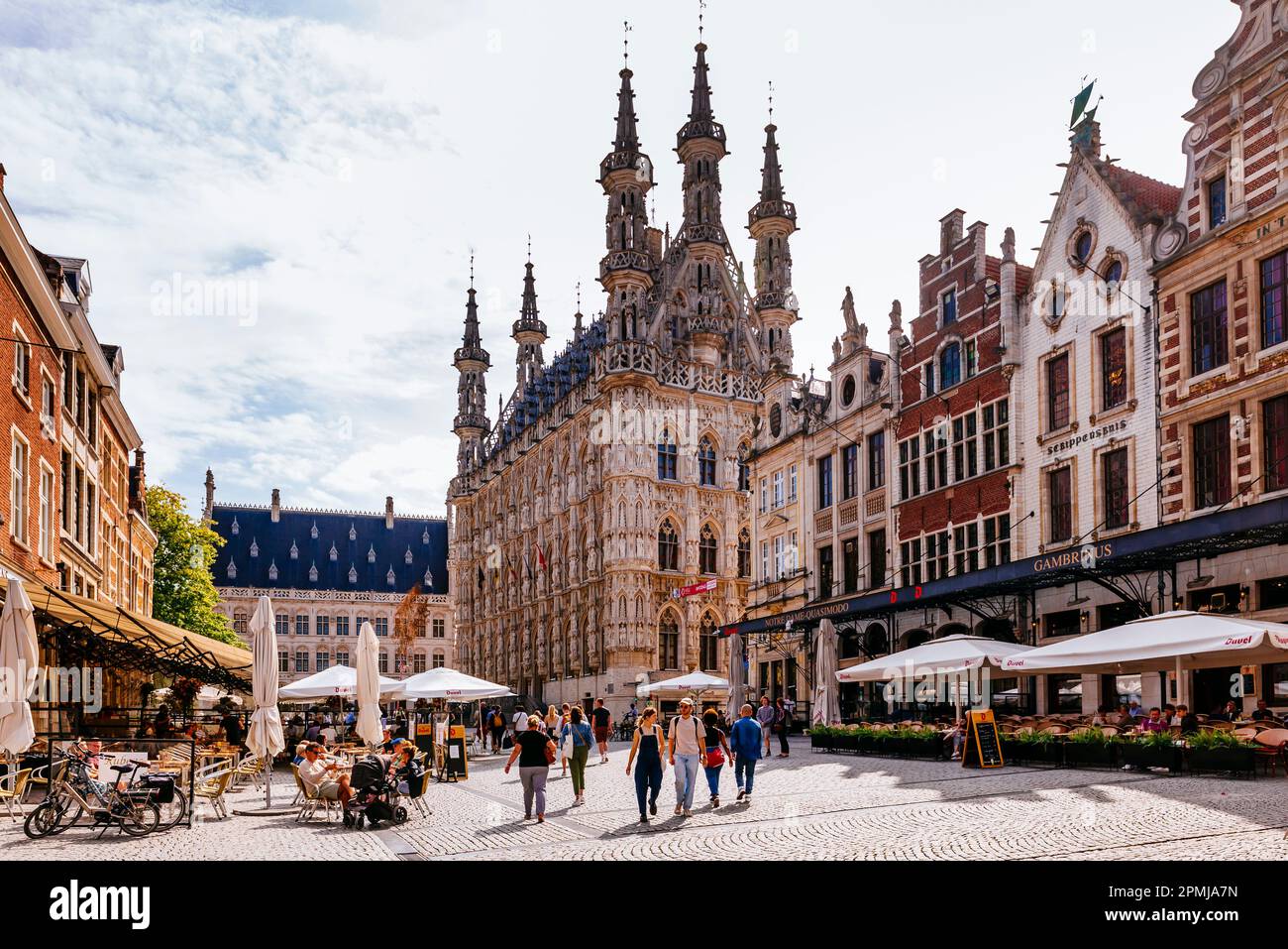 Il Grote Markt è la piazza centrale di Leuven. La maggior parte degli edifici della piazza sono costruiti in stile gotico, di cui il Municipio è un esempio fondamentale Foto Stock
