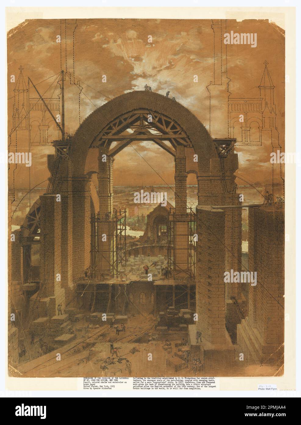 Disegno, rappresentazione del passaggio della Cattedrale di San John The Divine, New York, NY; possibilmente di Leon Dabo (1868–1960); USA; pennello e acquerello, penna e inchiostro nero, gesso colorato, grafite su carta marrone; 85,7 x 65,6 cm (33 3/4 x 25 13/16 pollici) Foto Stock