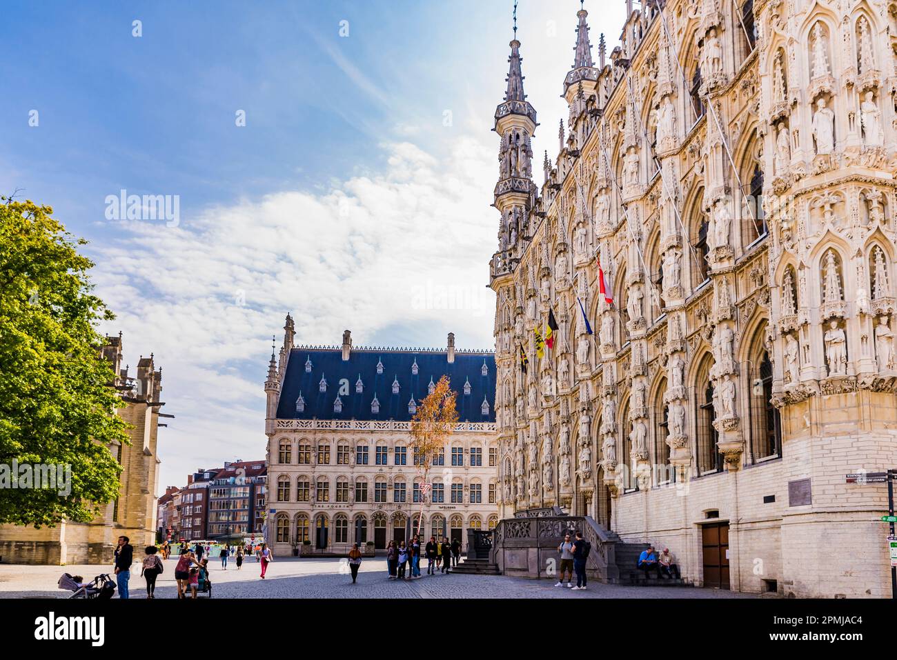 Il Grote Markt è la piazza centrale di Leuven. La maggior parte degli edifici della piazza sono costruiti in stile gotico, di cui il Municipio è un esempio fondamentale Foto Stock