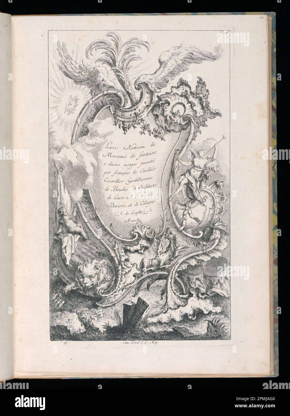 Bound Print, Title Page; Designed by Francois de Cuvilliés the Elder (Belga, Germania attiva, 1695 - 1768); Print Maker: Carl Albert von Lespinliez (tedesco, 1723 - 1796); Germania; incisione e incisione su carta posata; 38,7 x 27,6 cm (15 1/4 x 10 7/8 in.) Platemark: 34,4 x 20,3 cm (13 9/16 x 8 pollici) Foto Stock