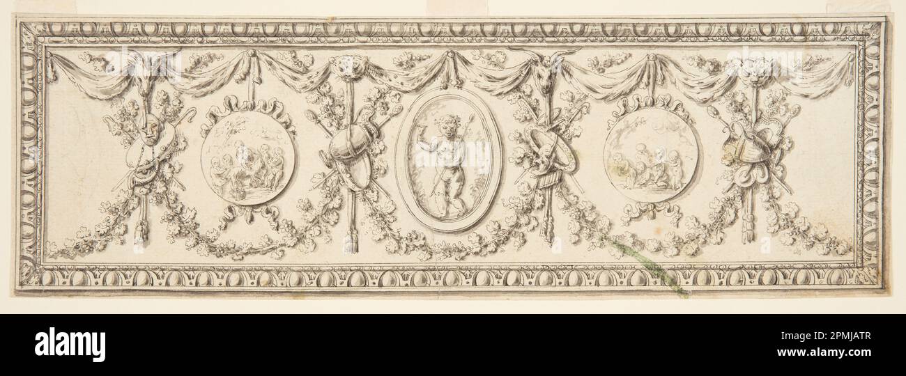 Disegno, progettazione per un pannello; prodotto da Gilles Paul Cauvet (francese, 1731 - 1788); Francia; penna e inchiostro nero su carta con pennello e lavaggio a inchiostro; foglio: 13,6 x 42 cm (5 3/8 x 16 9/16 poll.) Foto Stock