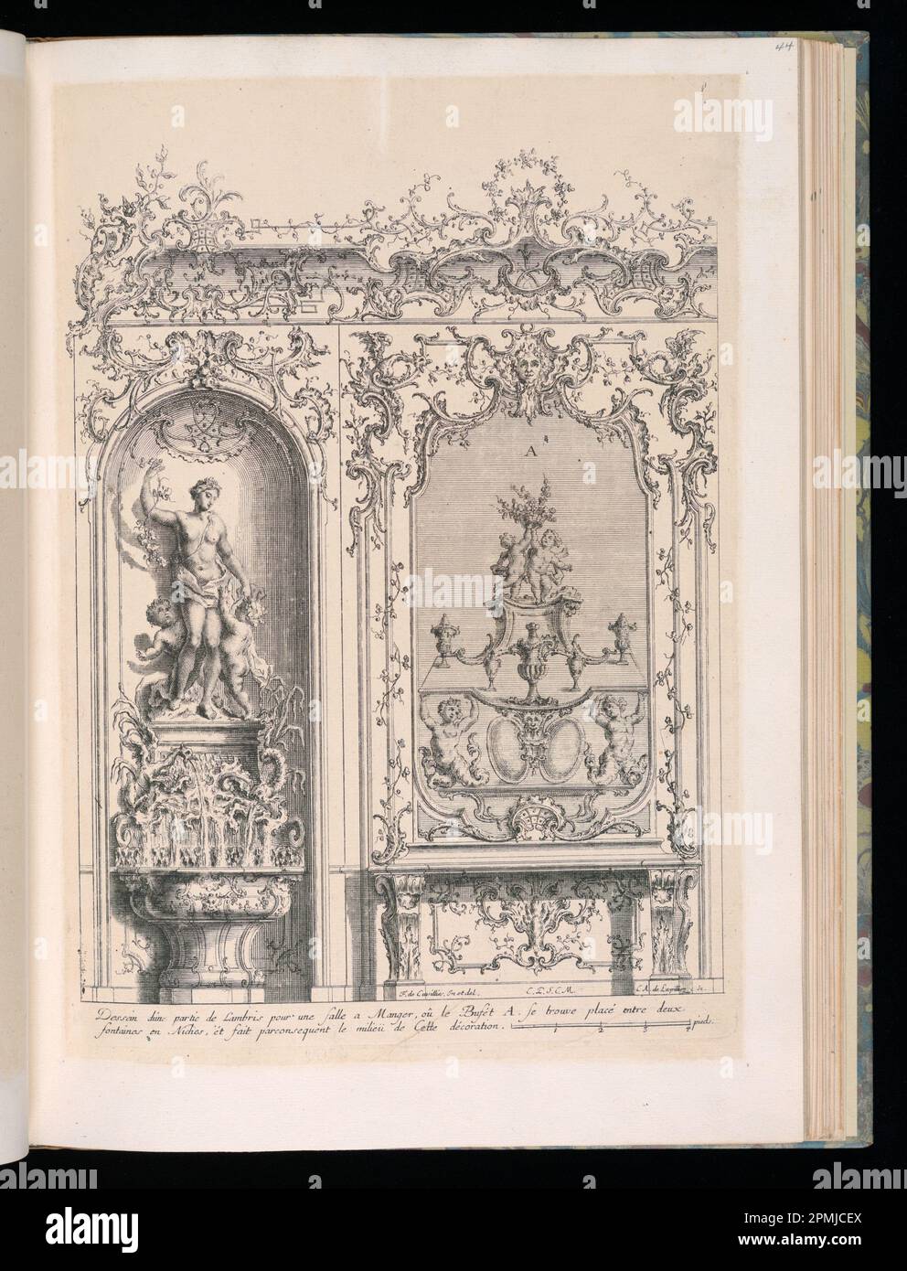 Stampa rilegata, parete con fontana e buffet; disegnata da Francois de Cuvilliés il Vecchio (Belgio, Germania attiva, 1695 - 1768); Print Maker: Carl Albert von Lespinlez (tedesco, 1723 - 1796); Germania; incisione su carta; Platemark: 34,2 x 23,7 cm (13 7/16 x 9 5/16 pollici) Foto Stock