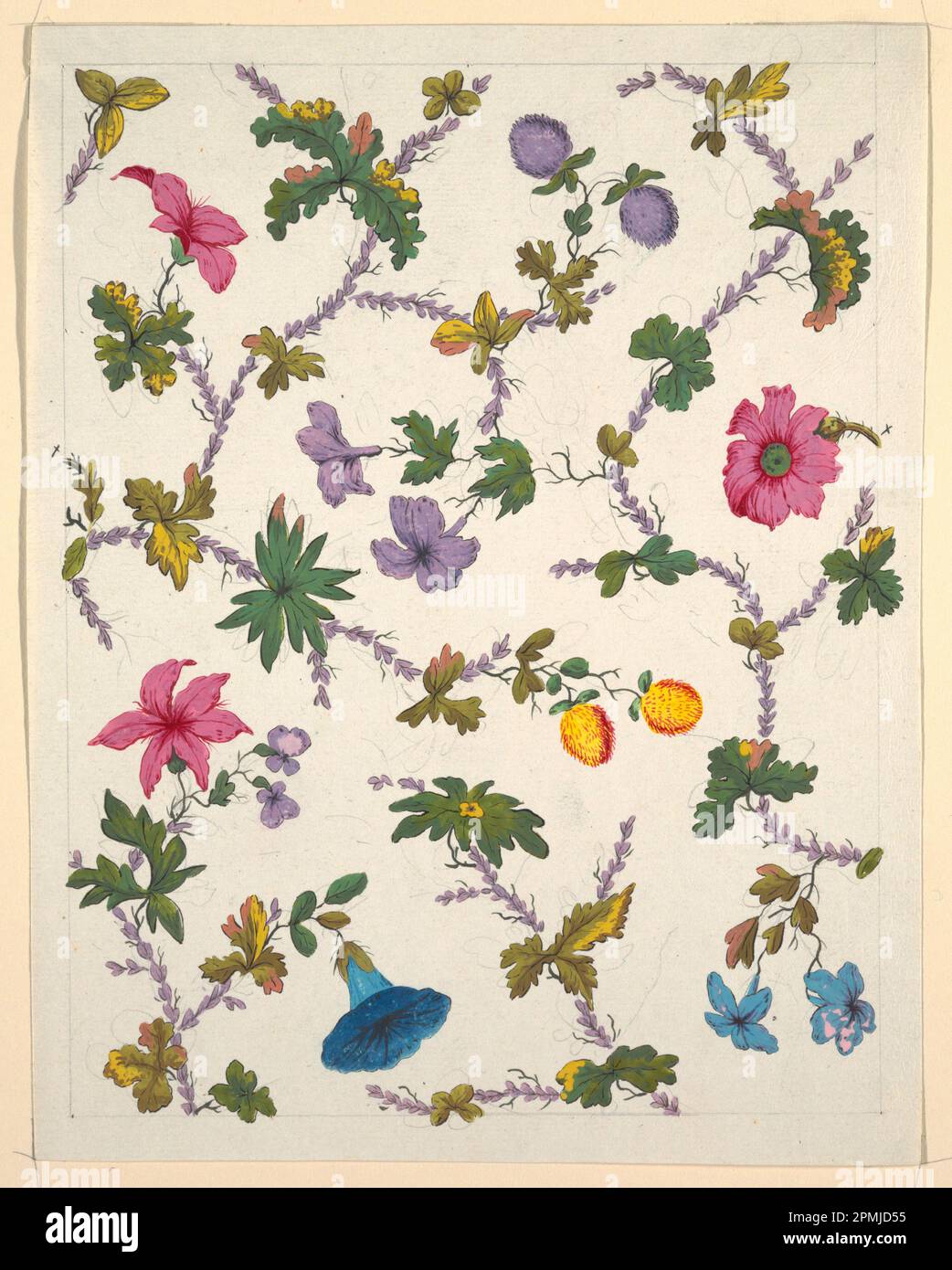 Disegno, disegno floreale per tessuti stampati; progettato da Louis-Albert DuBois (Svizzera, 1752–1818); Francia; pennello e gouache, grafite su carta bianca in vove; foglio: 27 x 21 cm (10 5/8 x 8 1/4 pollici) Immagine: 24,7 x 19 cm (9 3/4 x 7 1/2 pollici) Foto Stock