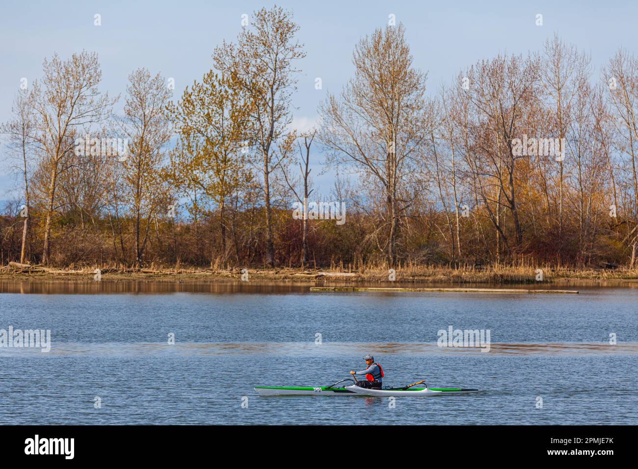 Uomo che va in canoa lungo il lungomare di Steveston nella British Columbia Canada Foto Stock