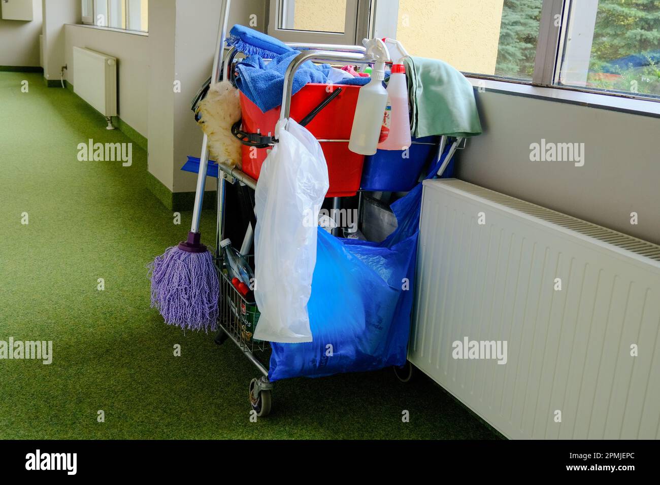 carrelli per il servizio di pulizia delle camere con prodotti per la pulizia. Foto Stock