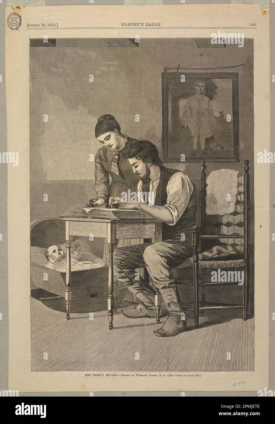 Stampa, The Family Record; After Winslow Homer (americano, 1836–1910); USA; incisione su legno stampata in inchiostro nero su carta; 40 x 27 cm (15 3/4 x 10 5/8 pollici) Foto Stock