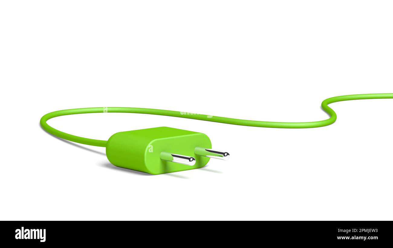 Spina di alimentazione verde isolata su sfondo bianco. Elettrico. Energia verde. illustrazione 3d. Foto Stock