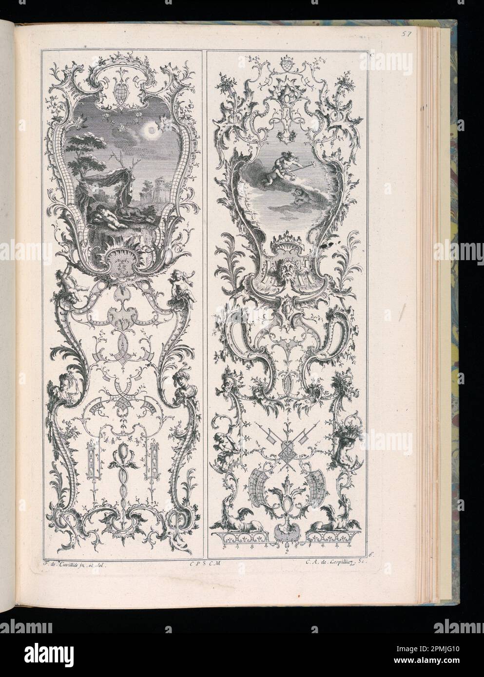 Stampa rilegata, disegni per due pannelli verticali; disegnati da Francois de Cuvilliés il Vecchio (Belga, Germania attiva, 1695 - 1768); Print Maker: Carl Albert von Lespilliez (tedesco, 1723 - 1796); Germania; incisione su carta Foto Stock
