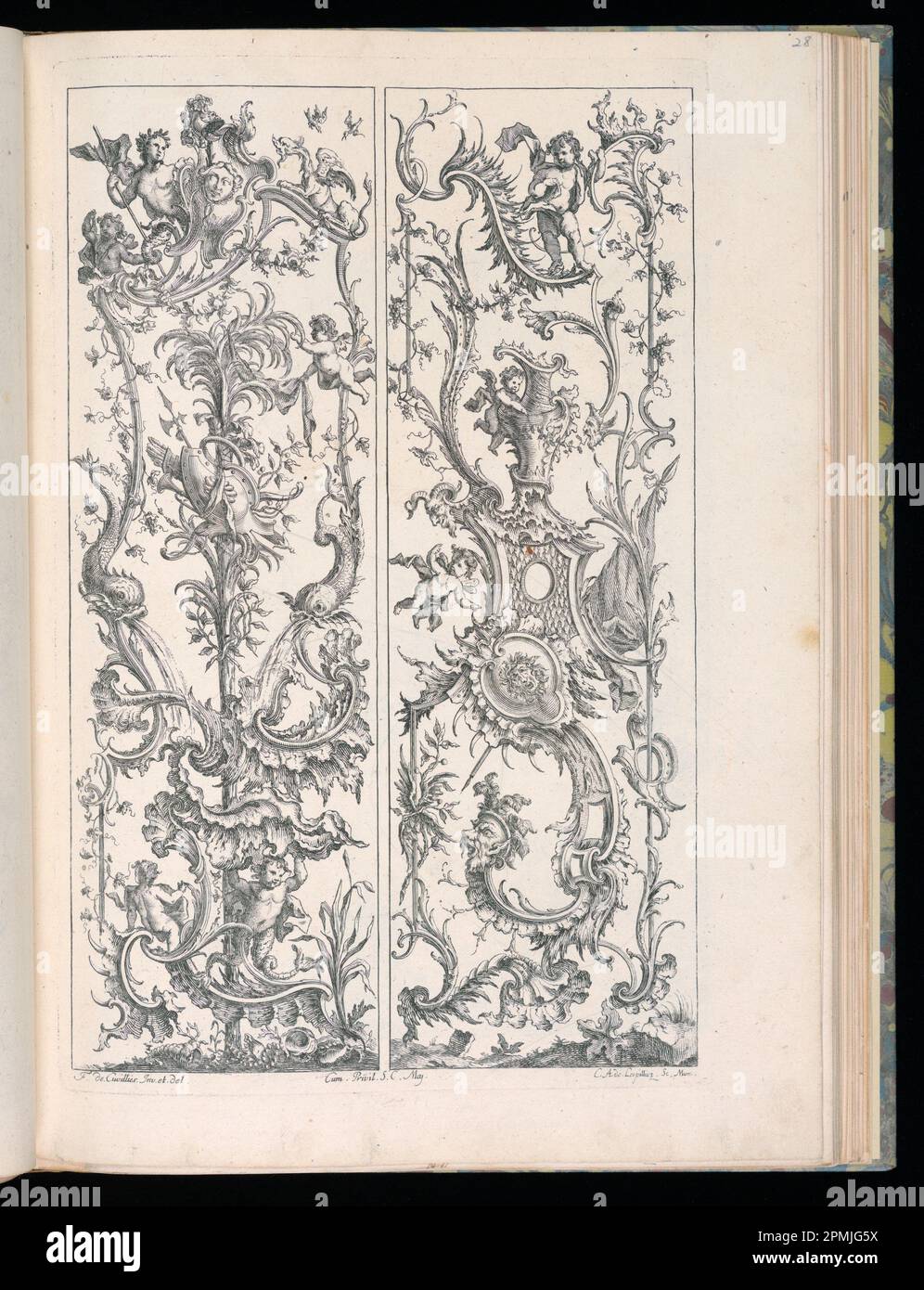 Stampa rilegata, disegni per due pannelli verticali; progettato da Francois de Cuvilliés il Vecchio (Belgio, Germania attiva, 1695 - 1768); Print Maker: Carl Albert von Lespinleez (tedesco, 1723 - 1796); Germania; incisione su carta; Platemark: 35,5 x 22,9 cm (14 x 9 pollici) Foto Stock