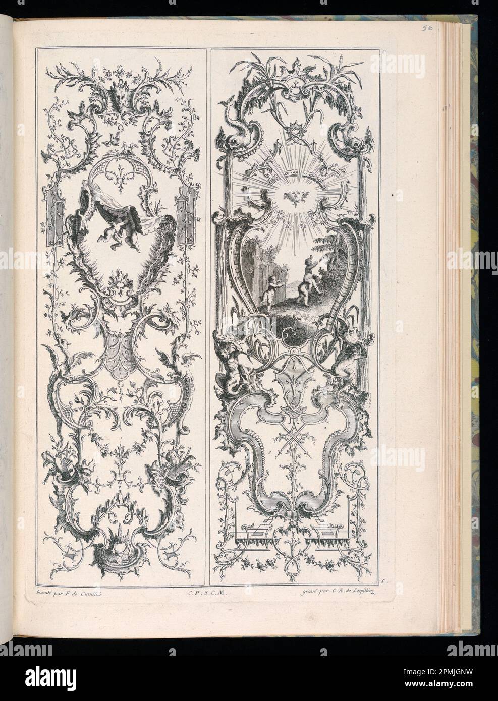 Stampa rilegata, disegni per due pannelli verticali; disegnati da Francois de Cuvilliés il Vecchio (Belga, Germania attiva, 1695 - 1768); Print Maker: Carl Albert von Lespilliez (tedesco, 1723 - 1796); Germania; incisione su carta Foto Stock