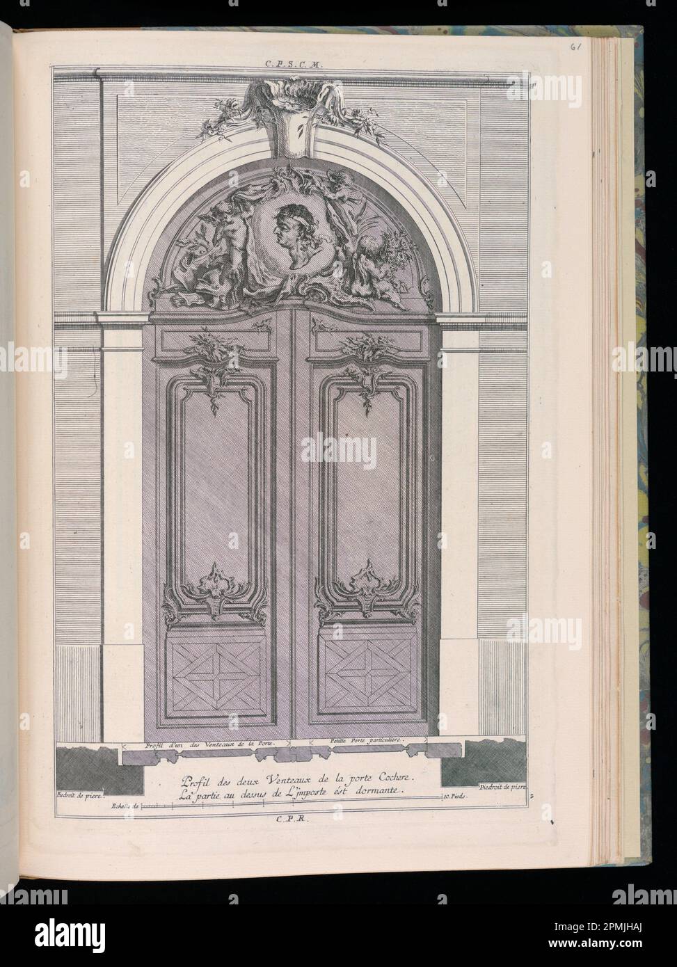 Bound Print, Profil de deux Venteaux de la porte Cochere; disegnata da Francois de Cuvilliés il Vecchio (Belgio, Germania attiva, 1695 - 1768); Print Maker: Carl Albert von Lespinlez (tedesco, 1723 - 1796); pubblicata da Nicolas Jean Baptiste de Poilly (Francia, 1712 – ca. 1758); Germania; incisione su carta Foto Stock