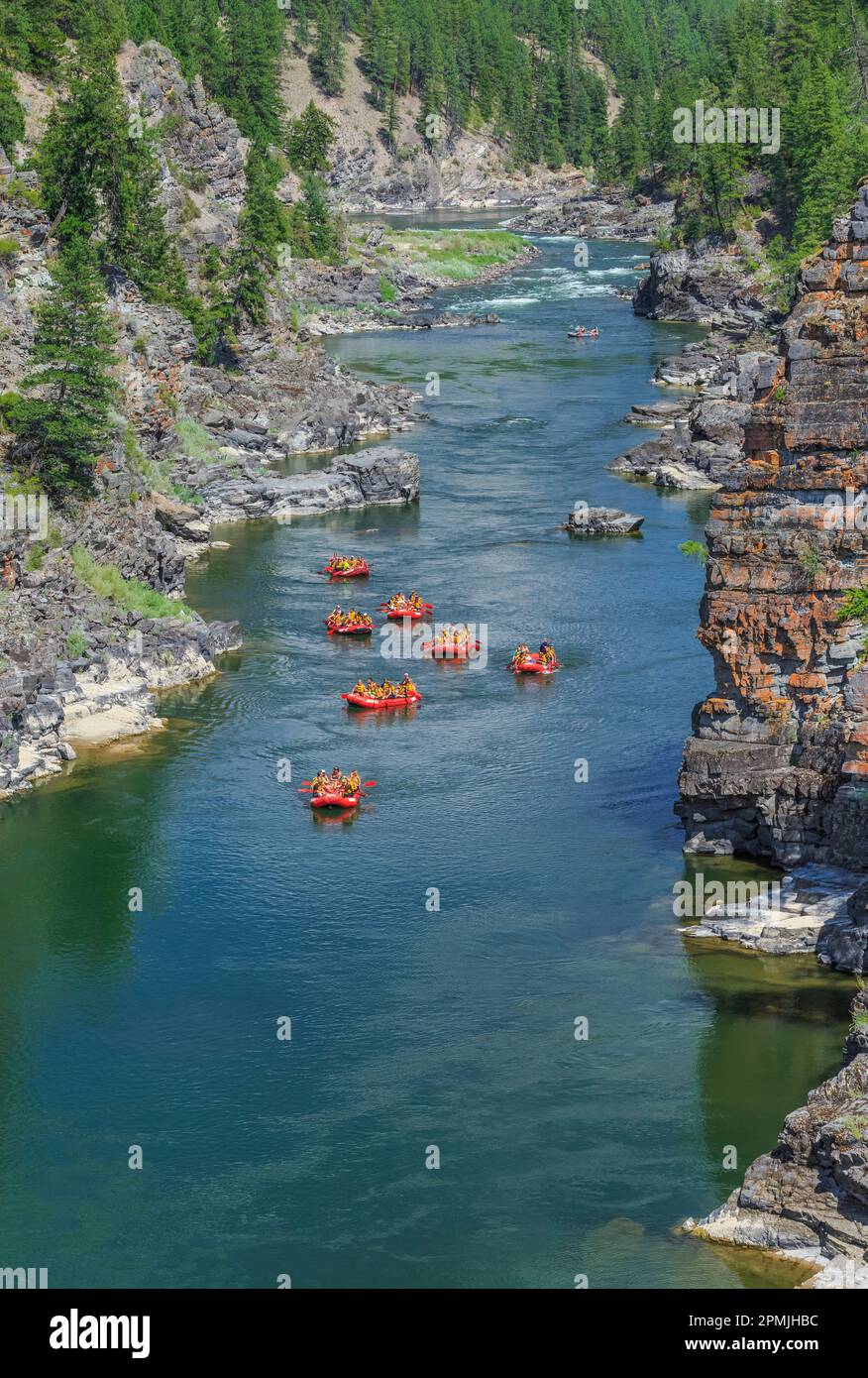 La flottiglia di zattere galleggiante attraverso alberton gorge sul fiume Clark Fork vicino Alberton, montana Foto Stock