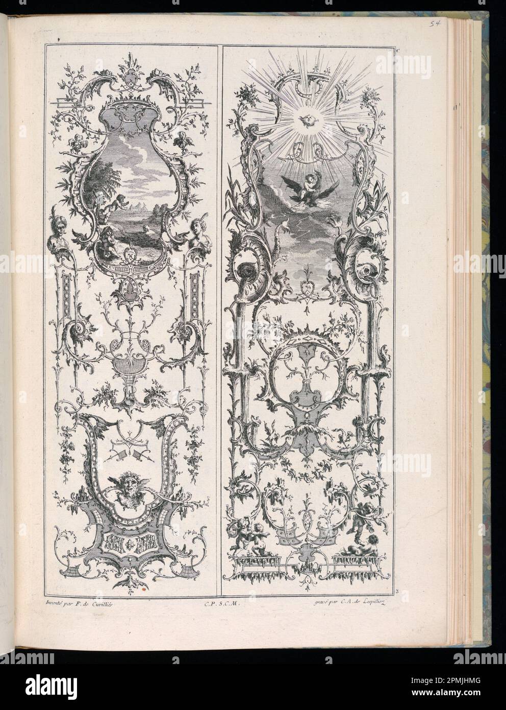 Stampa rilegata, disegni per due pannelli verticali; disegnati da Francois de Cuvilliés il Vecchio (Belga, Germania attiva, 1695 - 1768); Print Maker: Carl Albert von Lespilliez (tedesco, 1723 - 1796); Germania; incisione su carta Foto Stock