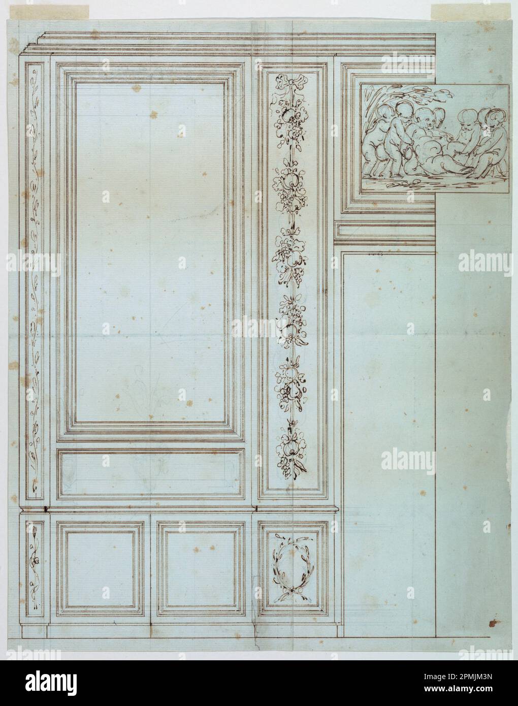 Disegno, disegno di una parete con un cabinet integrato; Francia; penna e inchiostro, grafite su carta; 44,8 x 35,7 cm (17 5/8 x 14 1/16 pollici) Foto Stock