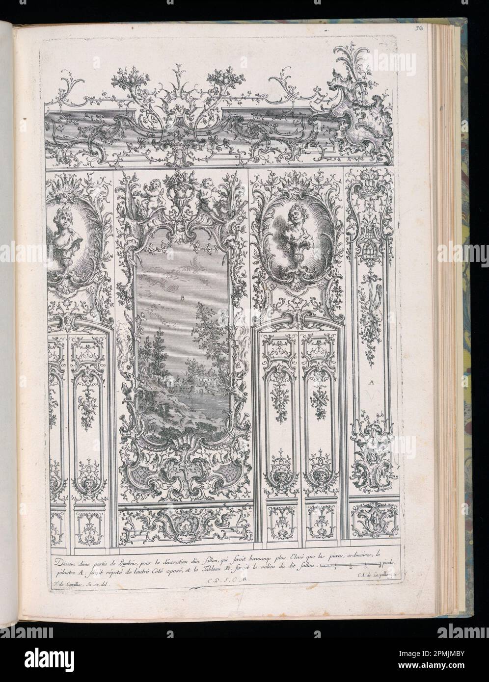 Stampa rilegata, parete con Trumeau fiancheggiata da Doors; disegnata da Francois de Cuvilliés il Vecchio (Belgio, Germania attiva, 1695 - 1768); Print Maker: Carl Albert von Lespinlez (tedesco, 1723 - 1796); Germania; incisione su carta; Platemark: 36,3 x 23,8 cm (14 5/16 x 9 3/8 pollici) Foto Stock