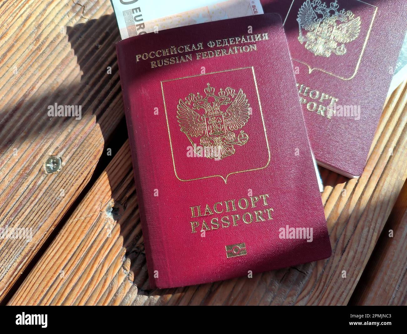 Passaporto interno della Federazione Russa in mano di una donna su sfondo  di legno sfocato. Concetto di viaggio Foto stock - Alamy