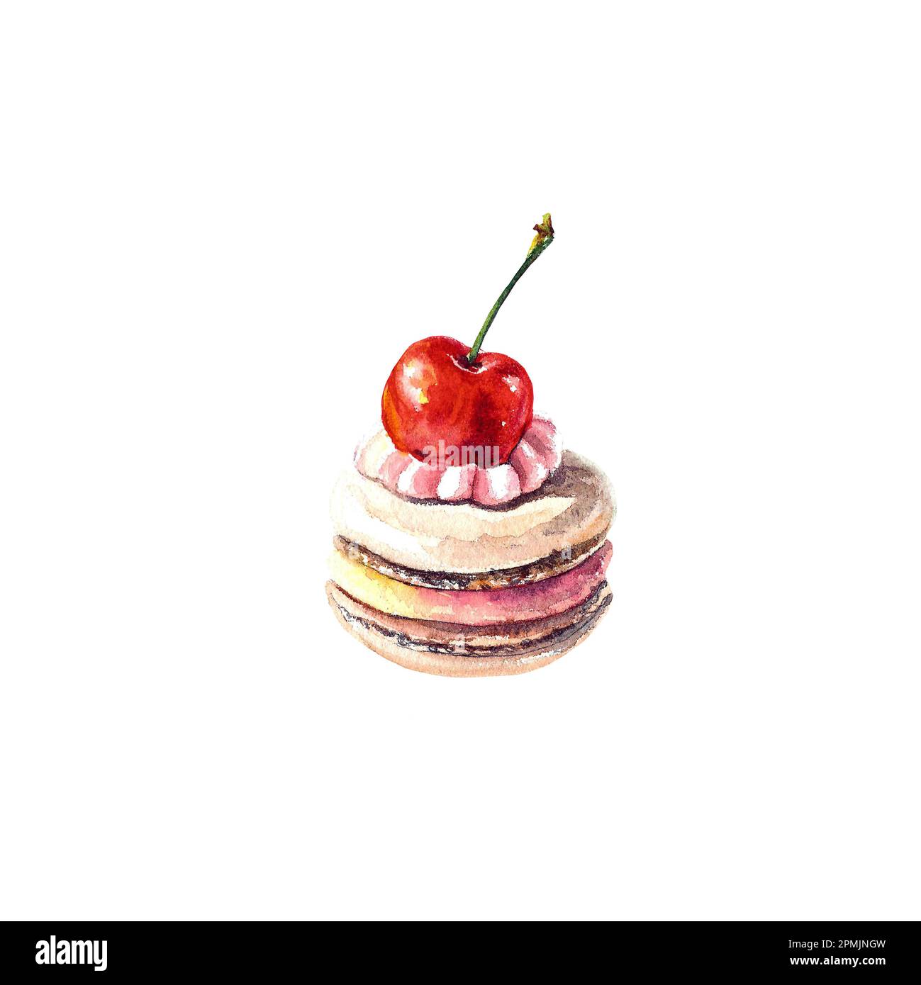 Amaretti acquerelli con ciliegia rossa isolato su fondo bianco. Acquerello di ciliegio. Illustrazione disegnata a mano del popolare dessert croccante per il cafe deco Foto Stock