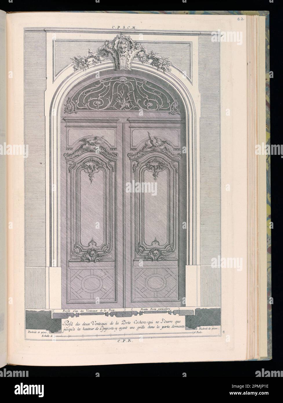 Bound Print, Profil de deux Venteaux de la porte Cochere; disegnata da Francois de Cuvilliés il Vecchio (Belgio, Germania attiva, 1695 - 1768); Print Maker: Carl Albert von Lespinlez (tedesco, 1723 - 1796); pubblicata da Nicolas Jean Baptiste de Poilly (Francia, 1712 – ca. 1758); Germania; incisione su carta Foto Stock