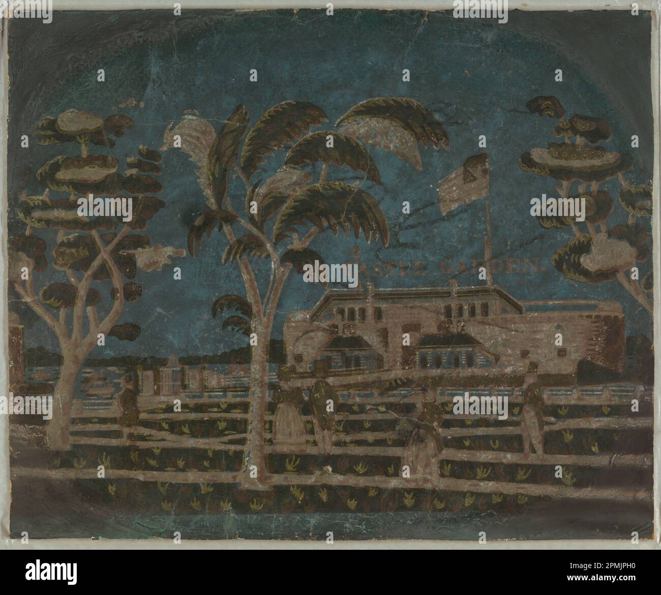 Bandbox, Castle Garden; USA; stampato a blocchi su carta fatta a mano, supporto per cartoncino; 37 x 44,5 cm (14 9/16 x 17 1/2 pollici) Foto Stock