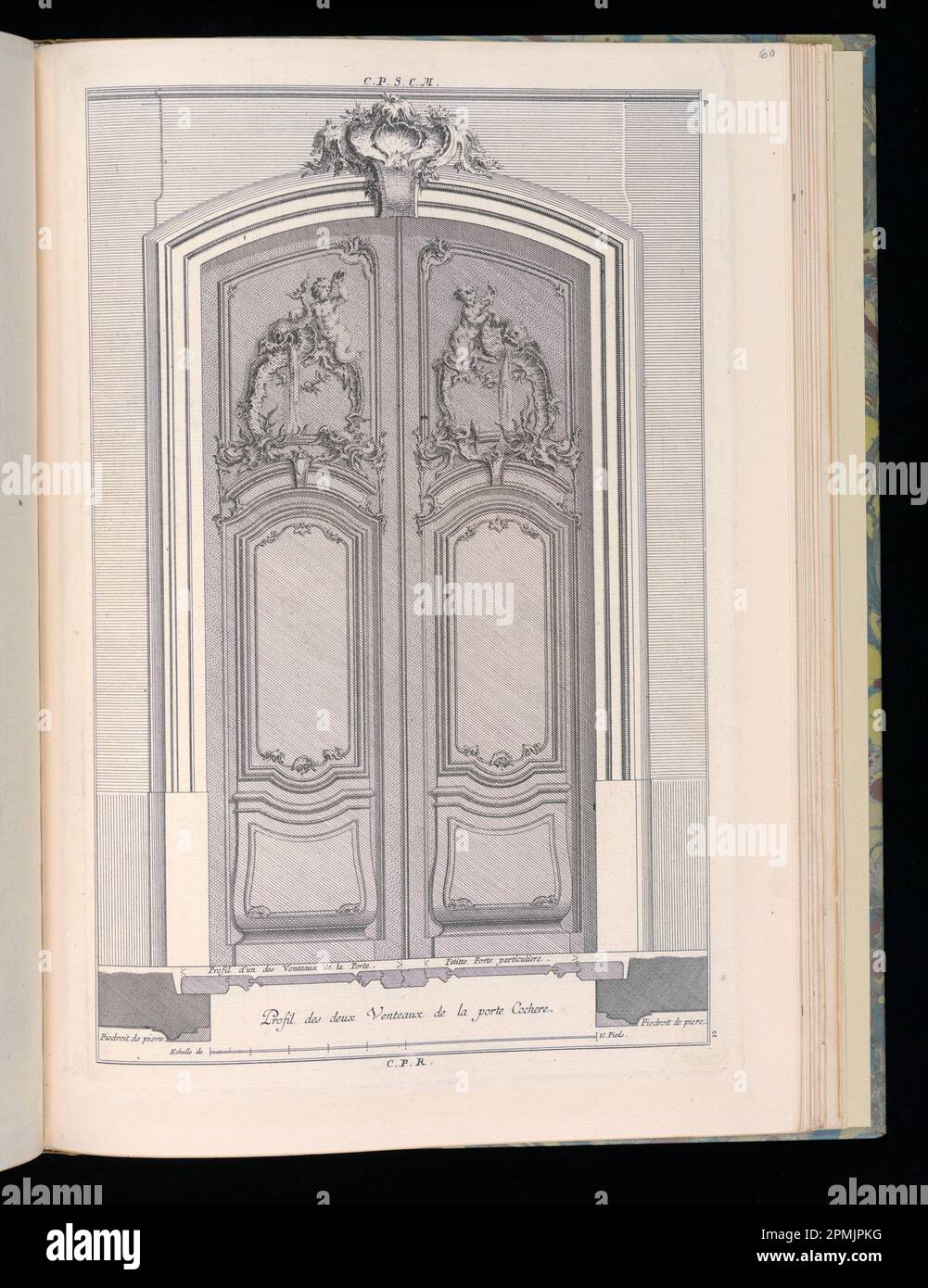 Bound Print, Profil de deux Venteaux de la porte Cochere; disegnata da Francois de Cuvilliés il Vecchio (Belgio, Germania attiva, 1695 - 1768); Print Maker: Carl Albert von Lespinlez (tedesco, 1723 - 1796); pubblicata da Nicolas Jean Baptiste de Poilly (Francia, 1712 – ca. 1758); Germania; incisione su carta Foto Stock