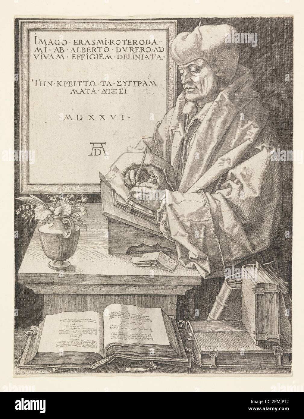 Print, Erasmus; Albrecht Dürer (tedesco, 1471-1528); Germania; incisione su carta; 24,9 x 19,3 cm (9 13/16 x 7 5/8 pollici) Foto Stock Print, Erasmus; Albrecht Dürer (tedesco, 1471-1528); Germania; incisione su carta; 24,9 x 19,3 cm (9 13/16 x 7 5/8 pollici) Foto Stock