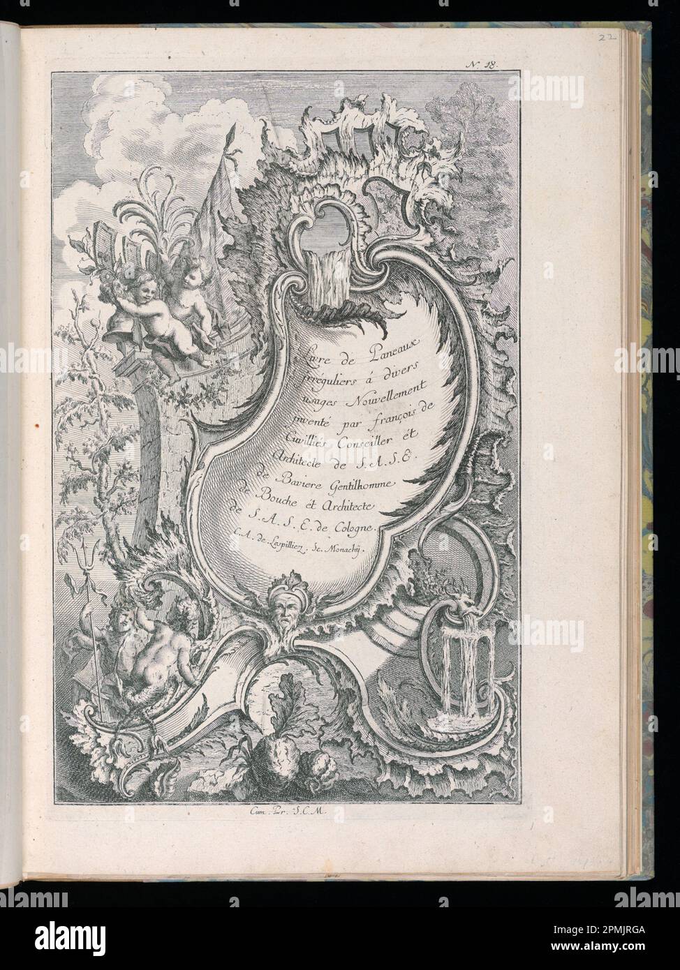 Bound Print, Title Page; Designed by Francois de Cuvilliés the Elder (Belga, Germania attiva, 1695 - 1768); Print Maker: Carl Albert von Lespilliez (tedesco, 1723 - 1796); Germania; incisione su carta; Platemark: 34,2 x 20,8 cm (13 7/16 x 8 3/16 pollici) Foto Stock