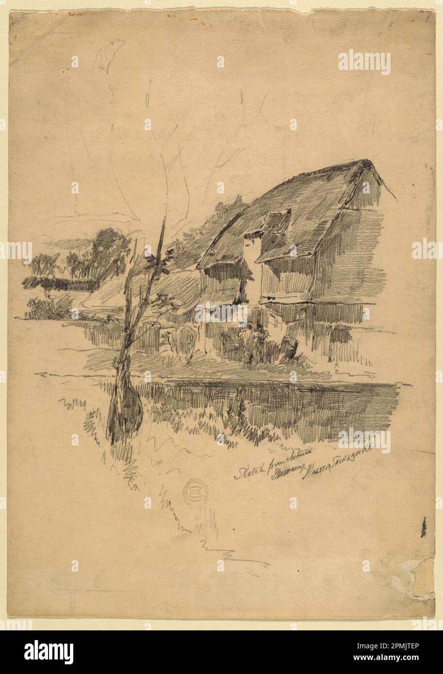 Disegno, edifici di fattoria, Germania; Walter Shirlaw (americano, b. Scozia, 1838–1909); USA; grafite su carta; 36,1 x 25,3 cm (14 3/16 x 9 15/16 pollici) Foto Stock