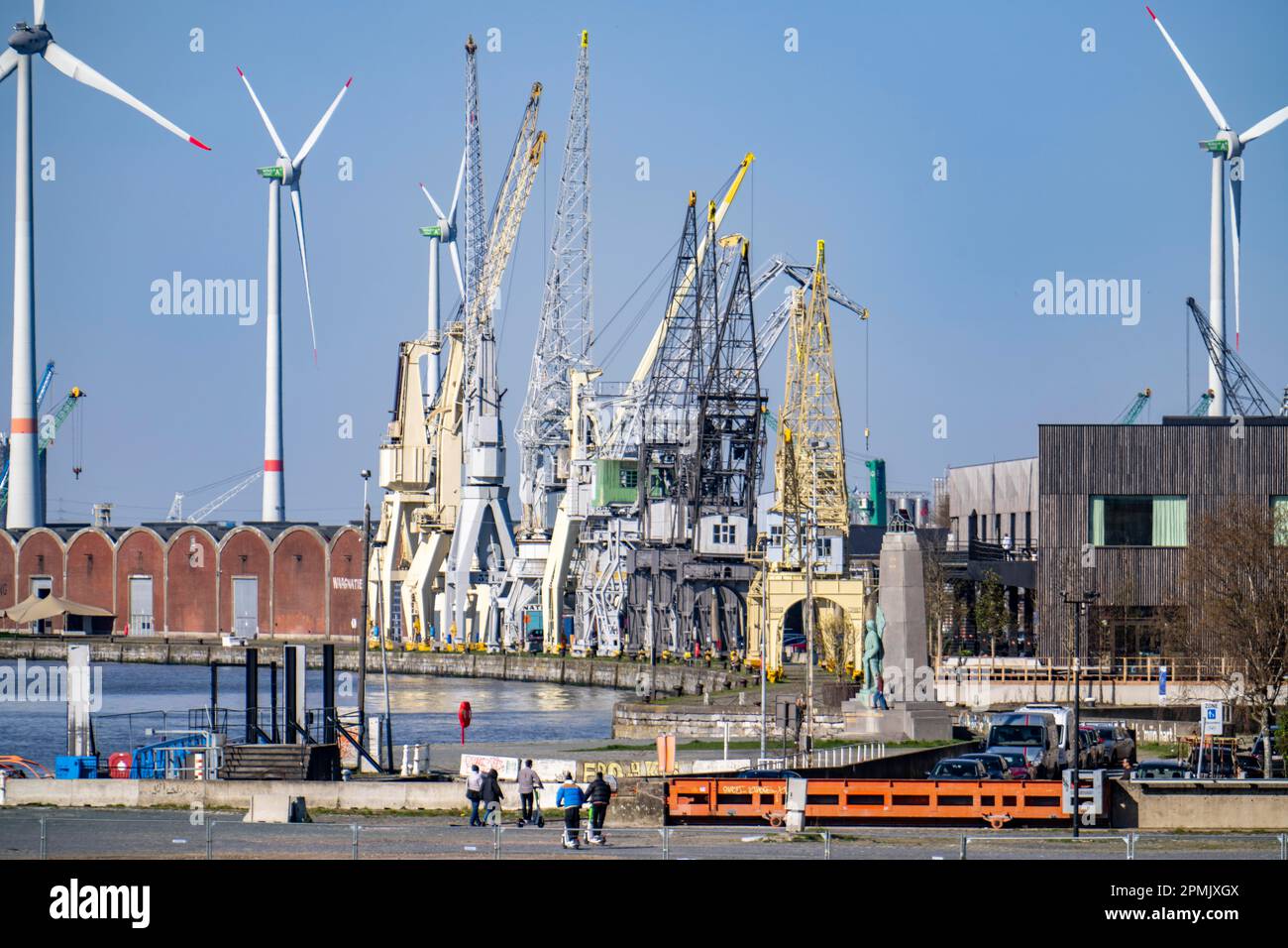 Le gru portuali sul Scheldt Quay, la più grande collezione al mondo di gru storiche, fanno parte del MAS, del Museum aan de Strom, del Museum am Strom, del Bon Foto Stock