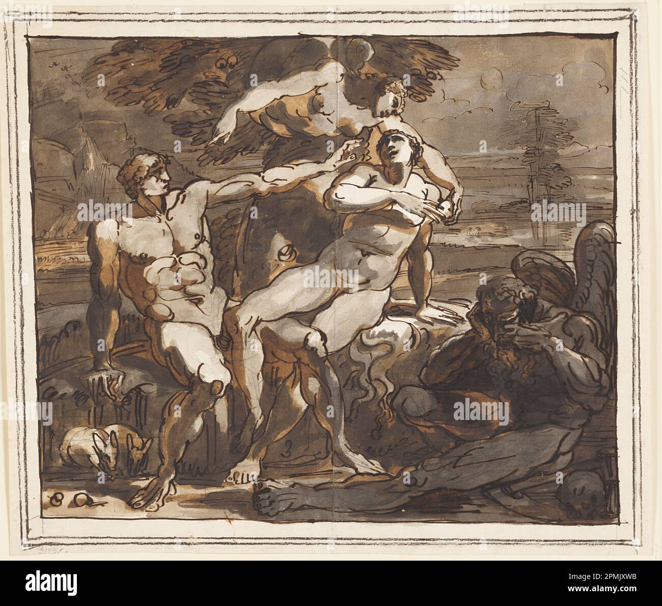 Disegno, Adamo ed Eva, la tentazione; disegnato da Felice Giani (1758-1823); Italia; penna e inchiostro, pennello e acquerello, gesso nero su carta; 36,8 x 43,6 cm (14 1/2 x 17 3/16 pollici) Foto Stock