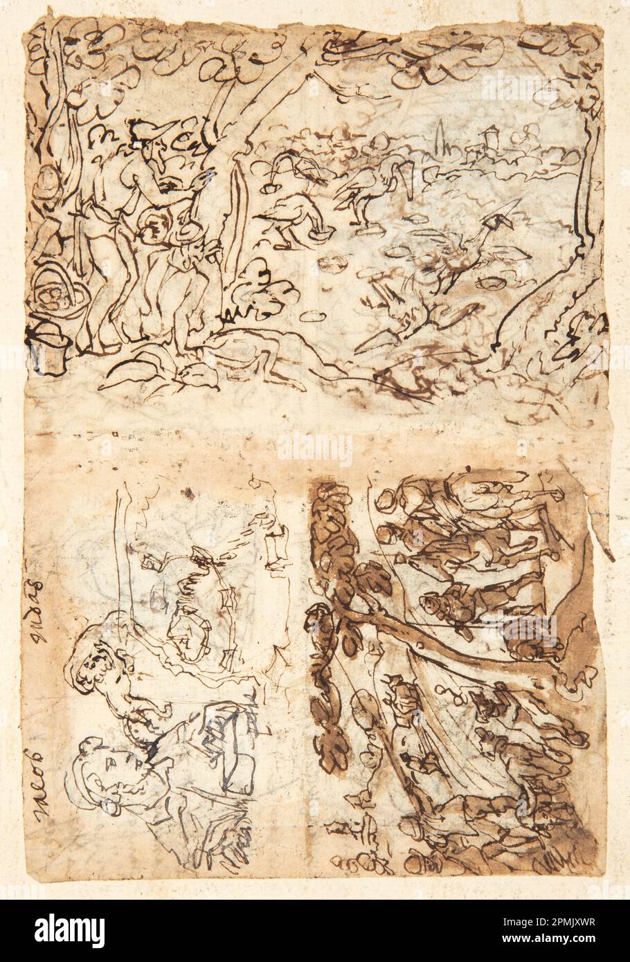 Disegno, caccia alla gru con coni [sopra]; ritratto a busto di Giacobbe, Leone con una piega cieca sulla testa, Mappa di una città fortificata [sotto a sinistra]; caccia alla volpe [sotto a destra]; Jan van der Straet, chiamato Stradanus (fiammingo, 1523-1605); inciso da Karel van Mallery, Hans Collaert II (fiammingo, 1560-1628); Pubblicato da Philips Galle (Fiammingo, 1537 - 1612); Olanda; inchiostro nero e marrone, pennello e lavaggio su carta steso Foto Stock