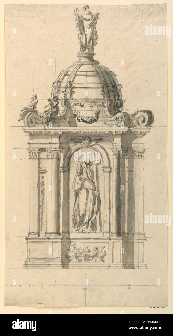 Disegno, altare; architetto: Giuseppe Valadier (italiano, 1762–1839); Italia; grafite, supporto di lavaggio grigio: Carta posata; 43,2 x 23,6 cm (17 x 9 5/16 in.) Tappetino: 55,9 x 40,6 cm (22 x 16 pollici) Foto Stock