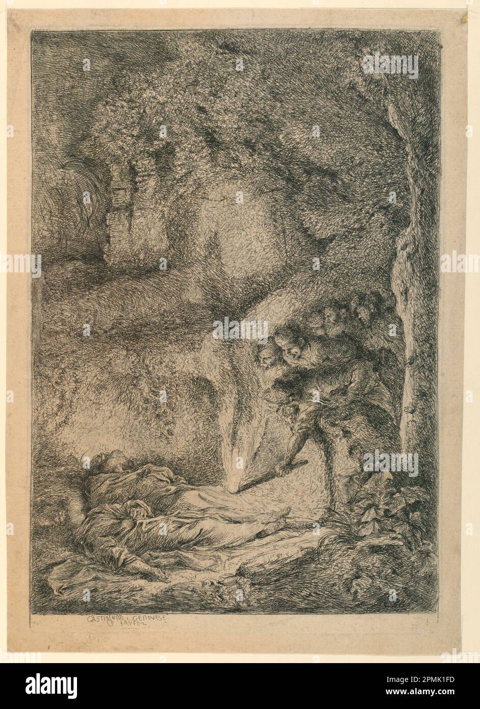 Stampa, il ritrovamento dei corpi di San Pietro e San Paul; Print Maker: Giovanni Benedetto Castiglione (italiano, 1609–1664); Italia; incisione su carta; 32,2 x 22,7 cm (12 11/16 x 8 15/16 pollici); 1896-31-51 Foto Stock