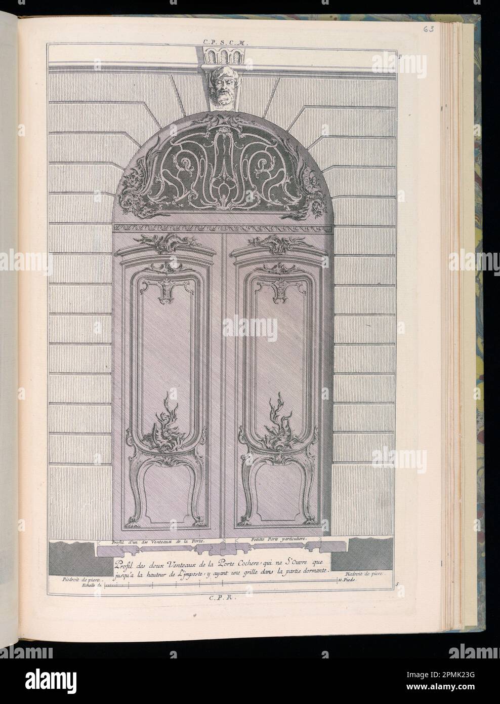 Bound Print, Profil de deux Venteaux de la porte Cochere, Livre de Portes Cocheres (Libro delle Porte del carro); disegnato da Francois de Cuvilliés il Vecchio (Belga, Germania attiva, 1695 - 1768); inciso da Carl Albert von Lespilliez (tedesco, 1723 - 1796); Pubblicato da Nicolas Jean Baptiste de Poilly (Francia, 1712 – ca. 1758); Germania; incisione su carta Foto Stock