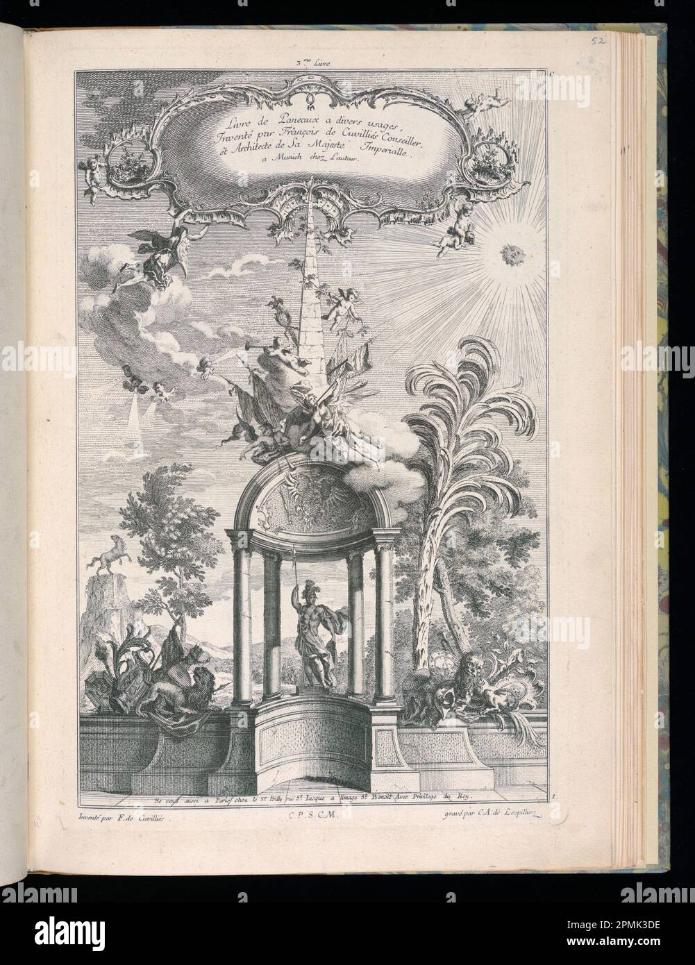 Bound Print, Title Page; Designed by Francois de Cuvillilés il Vecchio (Belga, Germania attiva, 1695 - 1768); Print Maker: Carl Albert von Lesvillez (Tedesco, 1723 - 1796); Published by Nicolas Jean Baptiste de Poilly (Francia, 1712 – ca. 1758); Germania; incisione su carta Foto Stock