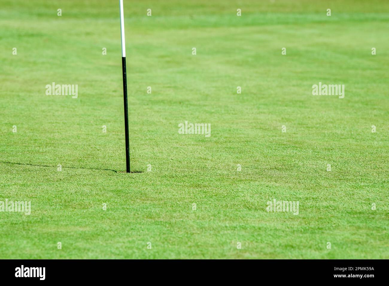 Putting green su un campo da golf in una giornata di sole con vista sul fairway Foto Stock