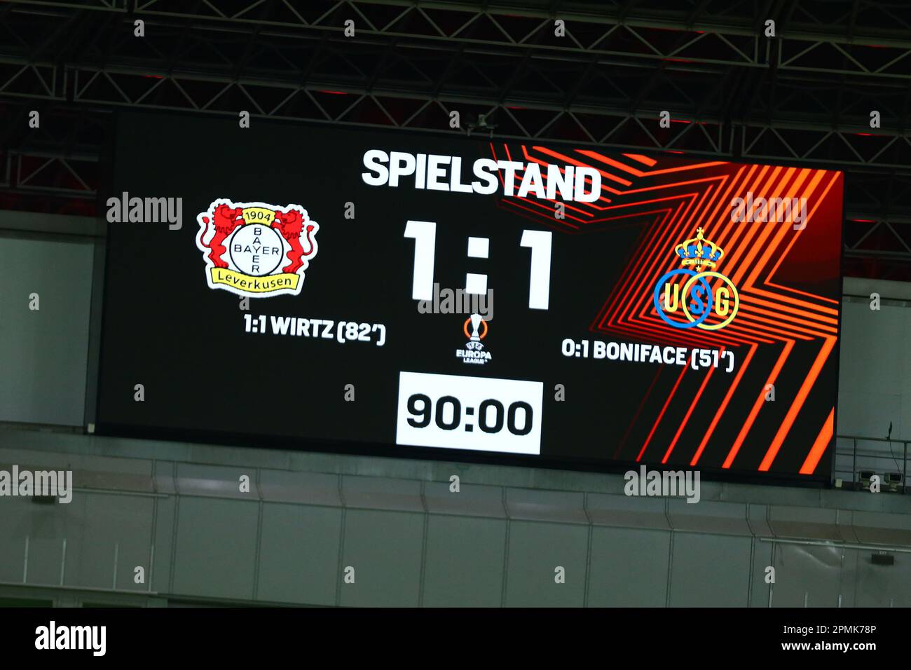 Endstand, anzeige, GER, Bayer 04 Leverkusen vs. Union Saint-Gilloise, Fussball, UEFA Europa League, Viertelfinale, Hispel, Spielzeit 2022/2023, €13.04.2023 Credit: ANT Palmer/Alamy Live News Foto Stock