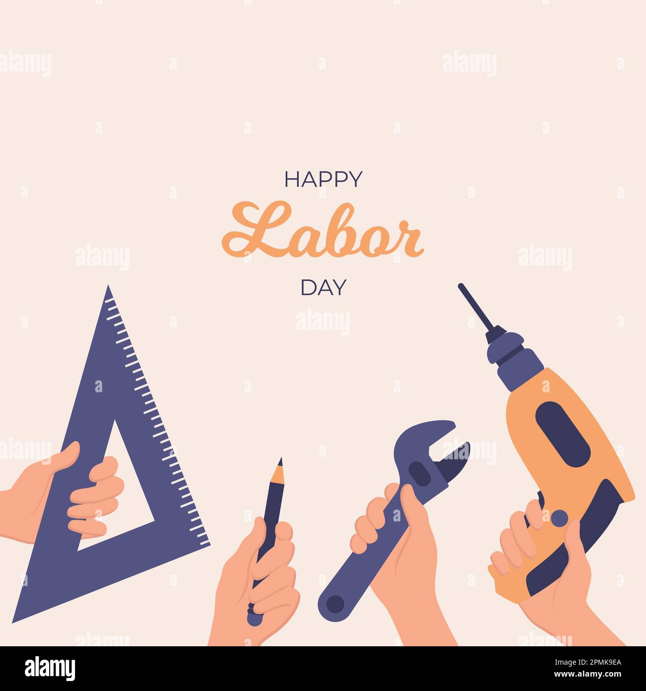 1st maggio. Buon biglietto di auguri per il giorno del lavoro con le mani dei lavoratori che tengono i loro strumenti Illustrazione Vettoriale