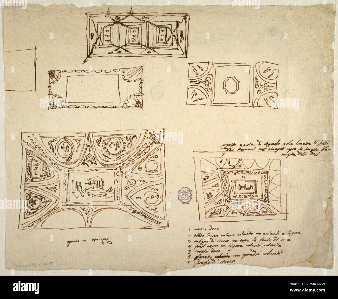 Disegno, cinque schemi di soffitto; progettato da Felice Giani (italiano, 1758–1823); Italia; inchiostro marrone e penna su carta posata; 29,8 x 35,7 cm (11 3/4 x 14 1/16 pollici) Foto Stock