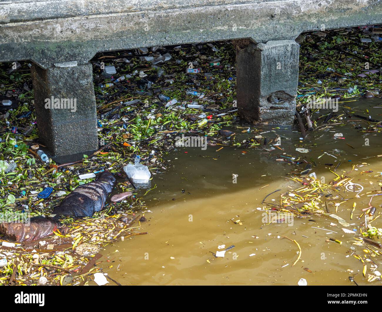Questa foto cattura la sfortunata realtà dei rifiuti che inquinano il fiume Chao Praya a Bangkok, Thailandia. Nonostante gli sforzi per ripulire il fiume, è stato Foto Stock