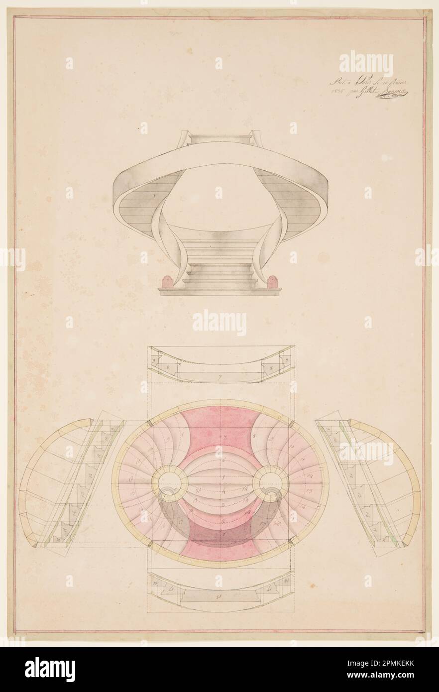 Disegno, elevazione e pianta di una scala modello in stile inglese; progettato da Francoise Gillet (francese, attivo 1836); Francia; inchiostro nero e penna, pennello e acquerello rosa, giallo e grigio su carta color panna; 49,5 x 33,3 cm (19 1/2 x 13 1/8 pollici) Foto Stock