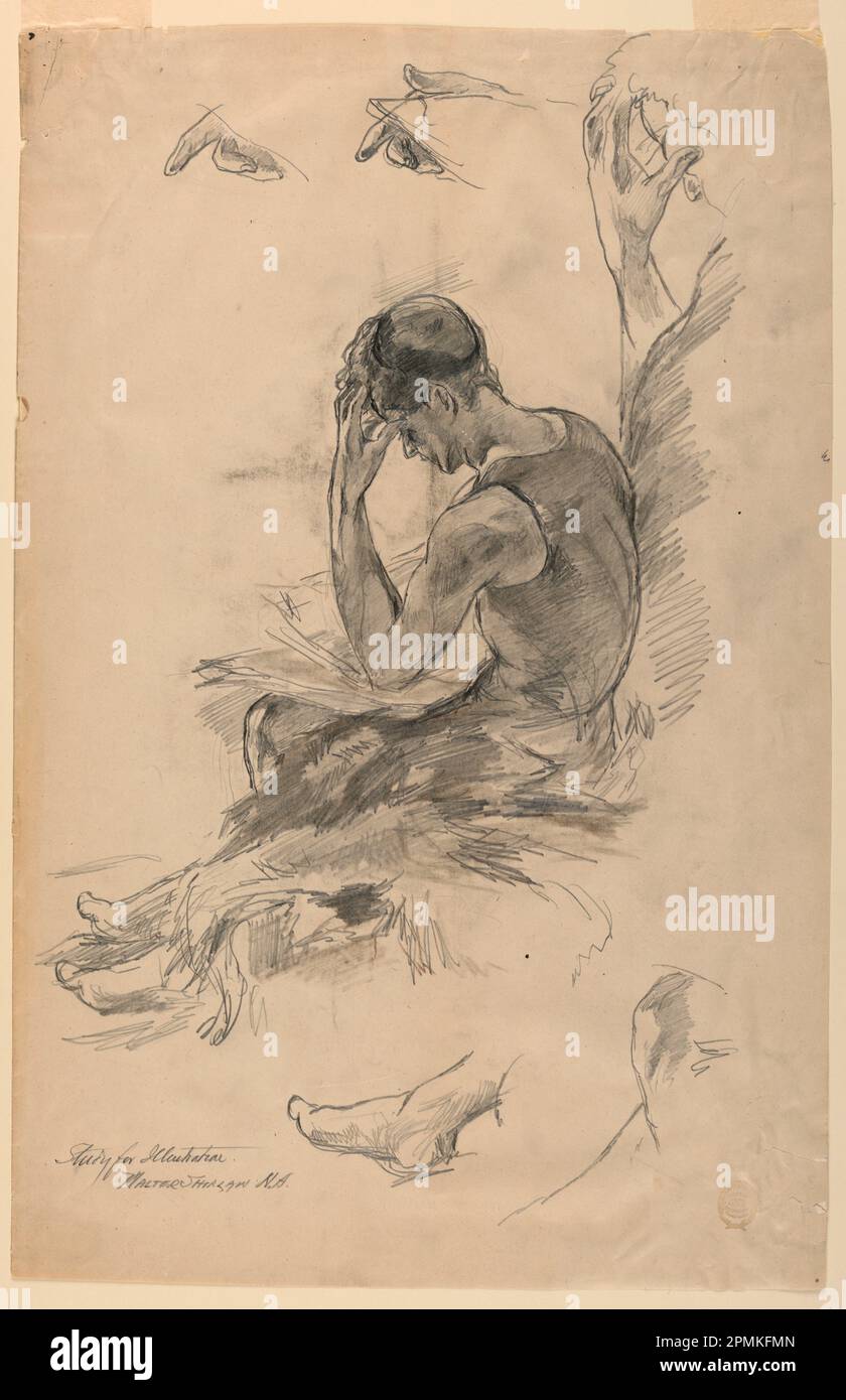 Disegno, Studio per Illustrazione; Walter Shirlaw (americano, b. Scozia, 1838–1909); USA; grafite, pastelli neri e marroni su carta; 46,3 x 30,1 cm (18 1/4 x 11 7/8 pollici) Foto Stock