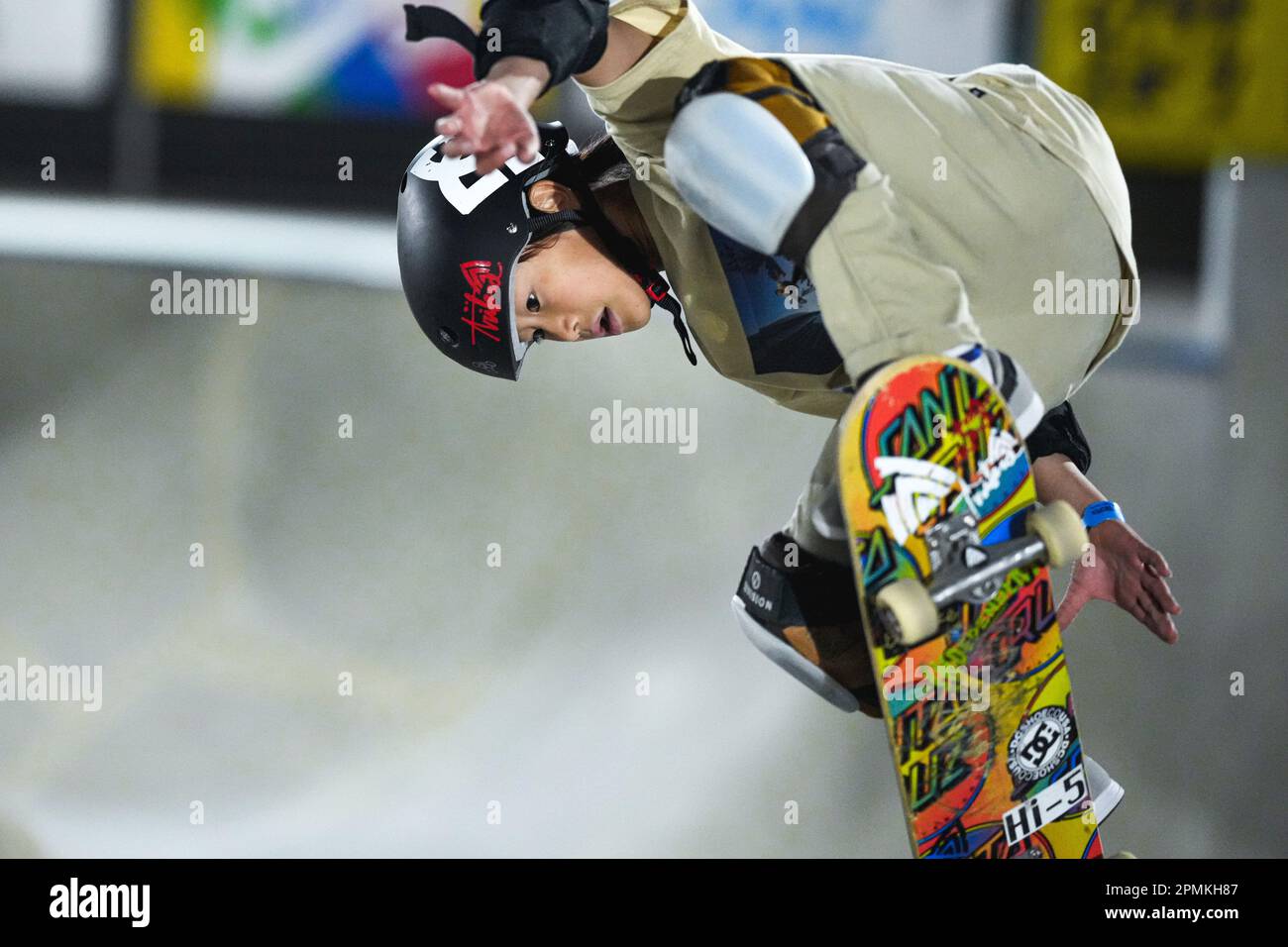 Ibaraki, Giappone. 13th Apr, 2023. Hinata Mitake Skateboarding : il 2nd Mynavi Skateboarding Giappone APRE il Parco degli uomini Qualificandosi a Murasaki Park Kasama a Ibaraki, Giappone . Credit: AFLO SPORT/Alamy Live News Foto Stock