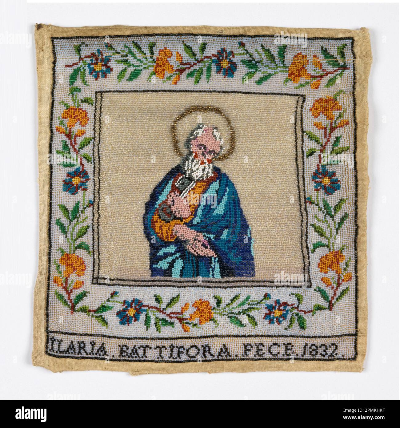 Immagine ricamata (Italia); lino e perle di vetro colorate Foto Stock