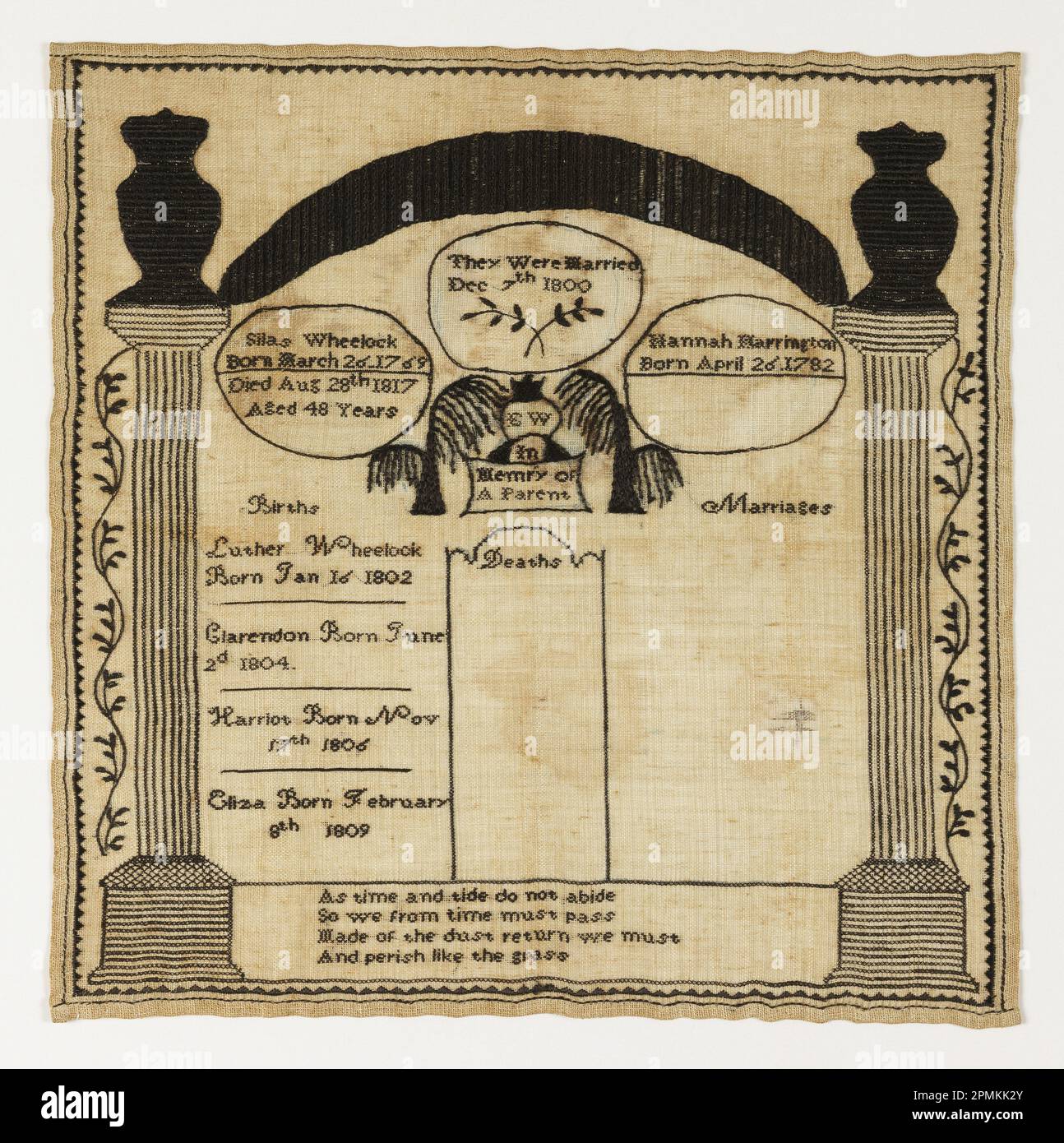 Registro famiglia (USA); ricamato da Eliza Wheelock (americano); lino, lana; telaio a x L: 43,2 x 44,5 cm (17 x 17 1/2 pollici) Foto Stock