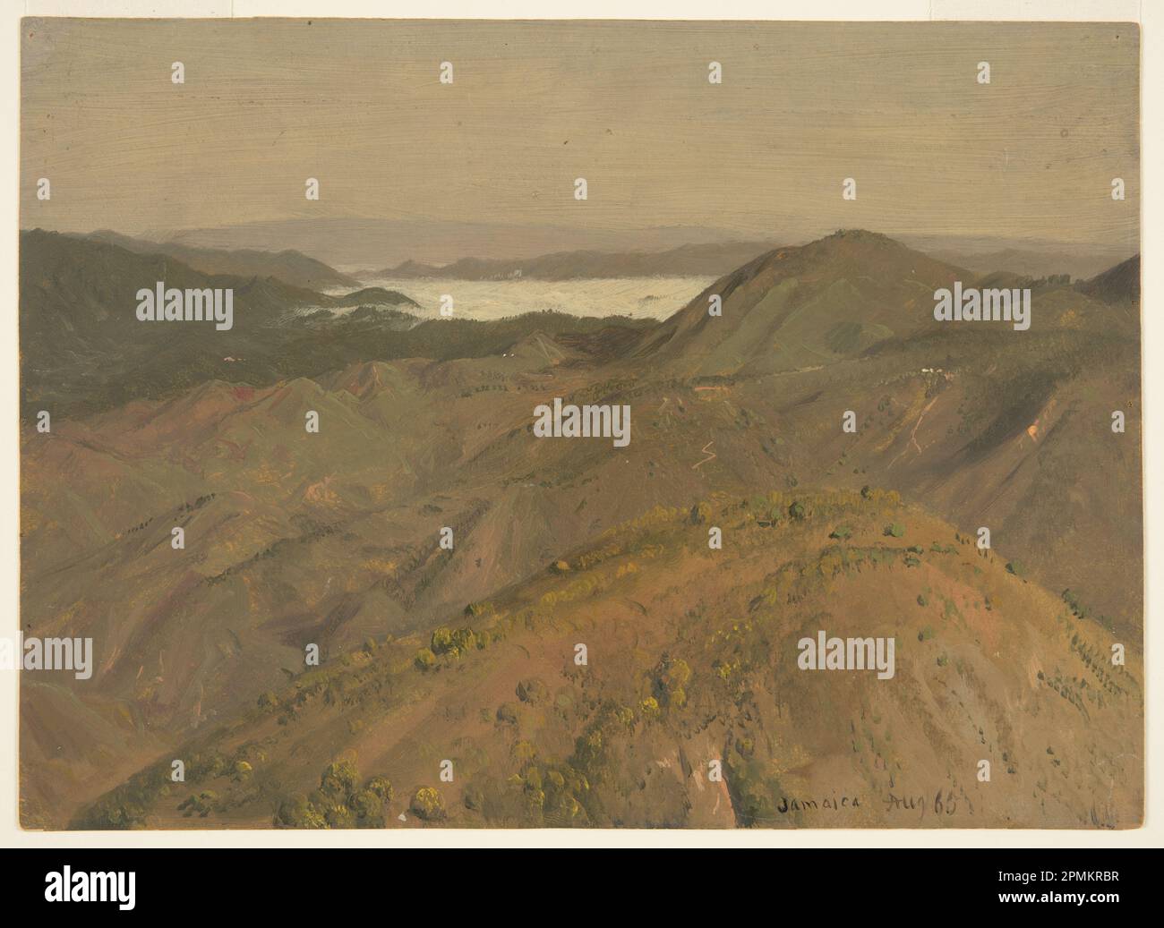 Disegno, Vista distante sopra i Hilltops; Frederic Edwin Church (americano, 1826–1900); USA; grafite, olio su cartone con dorso arancione; altezza 22 x larghezza 30,5 cm Foto Stock