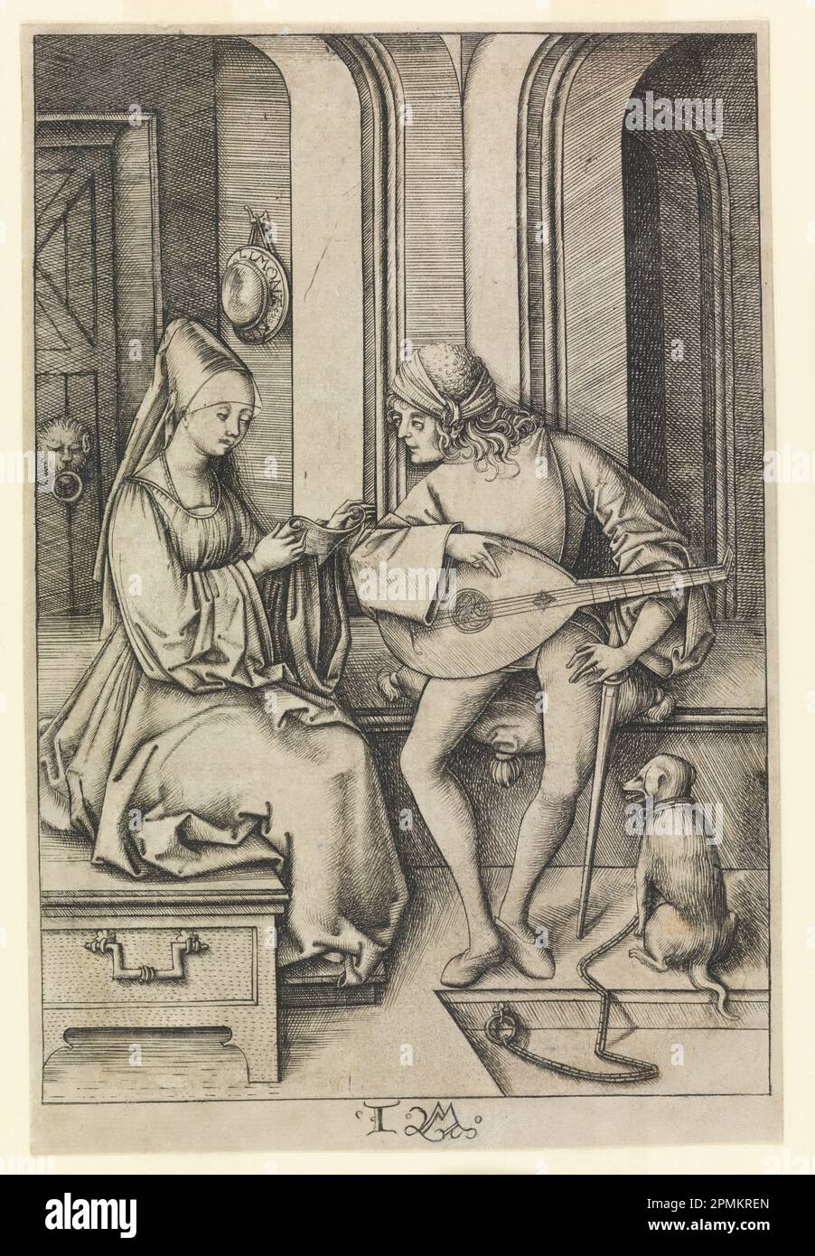 Print, The Lute Player and the Singer (2nd state); Print Maker: Israhel van Meckenem (in tedesco, ca. 1440 - 1503); Germania; incisione su carta quasi bianca; totale: 17,2 x 11,4 cm (6 3/4 x 4 1/2 pollici) Foto Stock