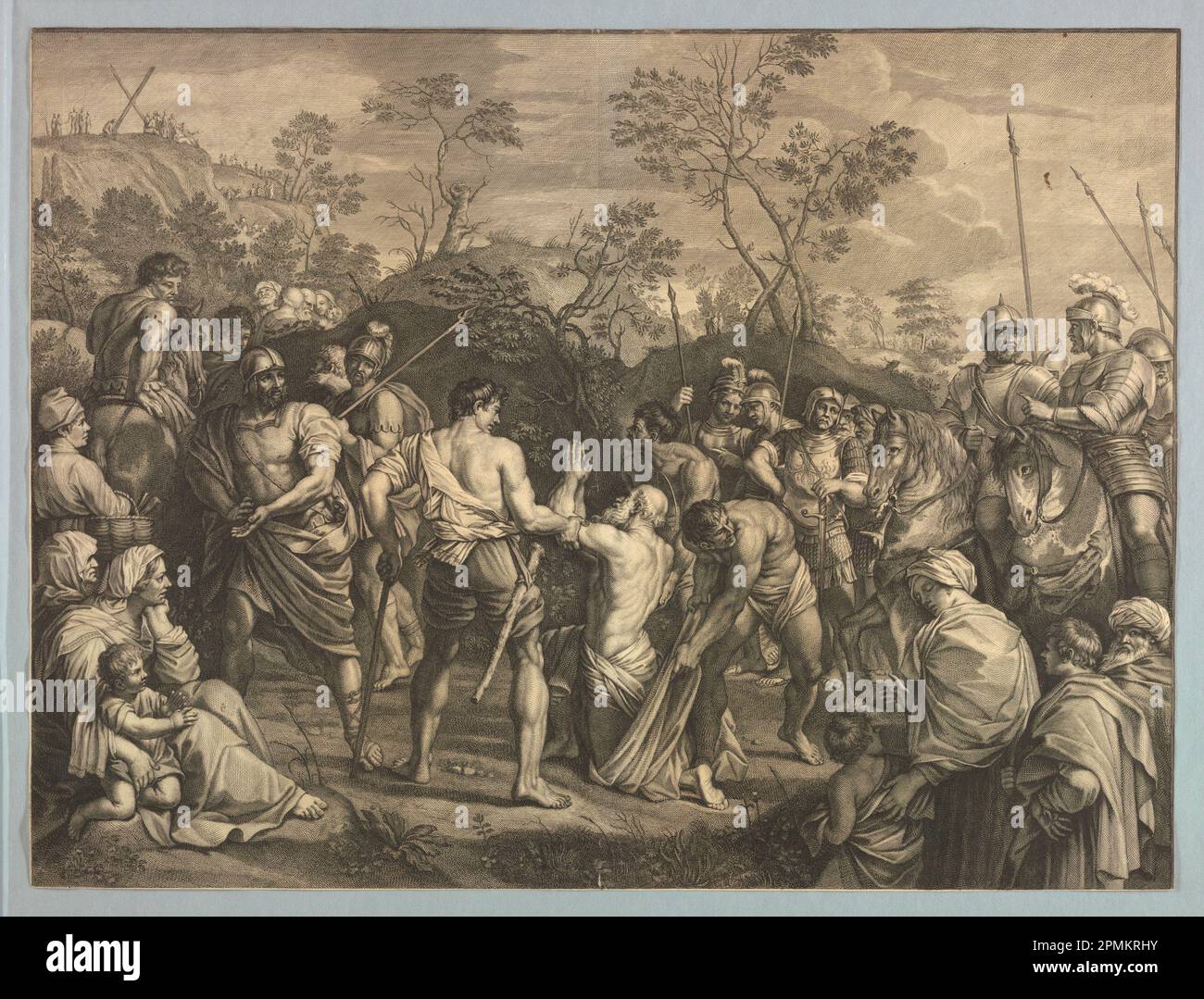Stampa, martirio di San Andrew; Gérard Audran (fiammingo, attivo in Francia, 1640–1703); incisione su carta; 49,4 x 63,6 cm (19 7/16 x 25 1/16 pollici); 1896-31-61 Foto Stock