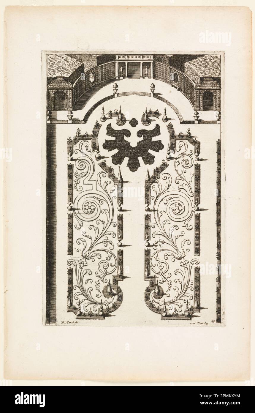 Print, Plate, in Nouveaux Livre de parterres contenant 24 pensséz diferantes (nuovo libro contenente 24 diverse varianti per letti da giardino); disegnato da Daniel Marot (francese, attivo nei Paesi Bassi e in Inghilterra, 1661–1752); Olanda; incisione e incisione su carta bianca; foglio: 35 x 23,5 cm (13 3/4 x 9 1/4 pollici) Platemark: 26,2 x 17,7 cm (10 5/16 x 6 15/16 pollici) Foto Stock